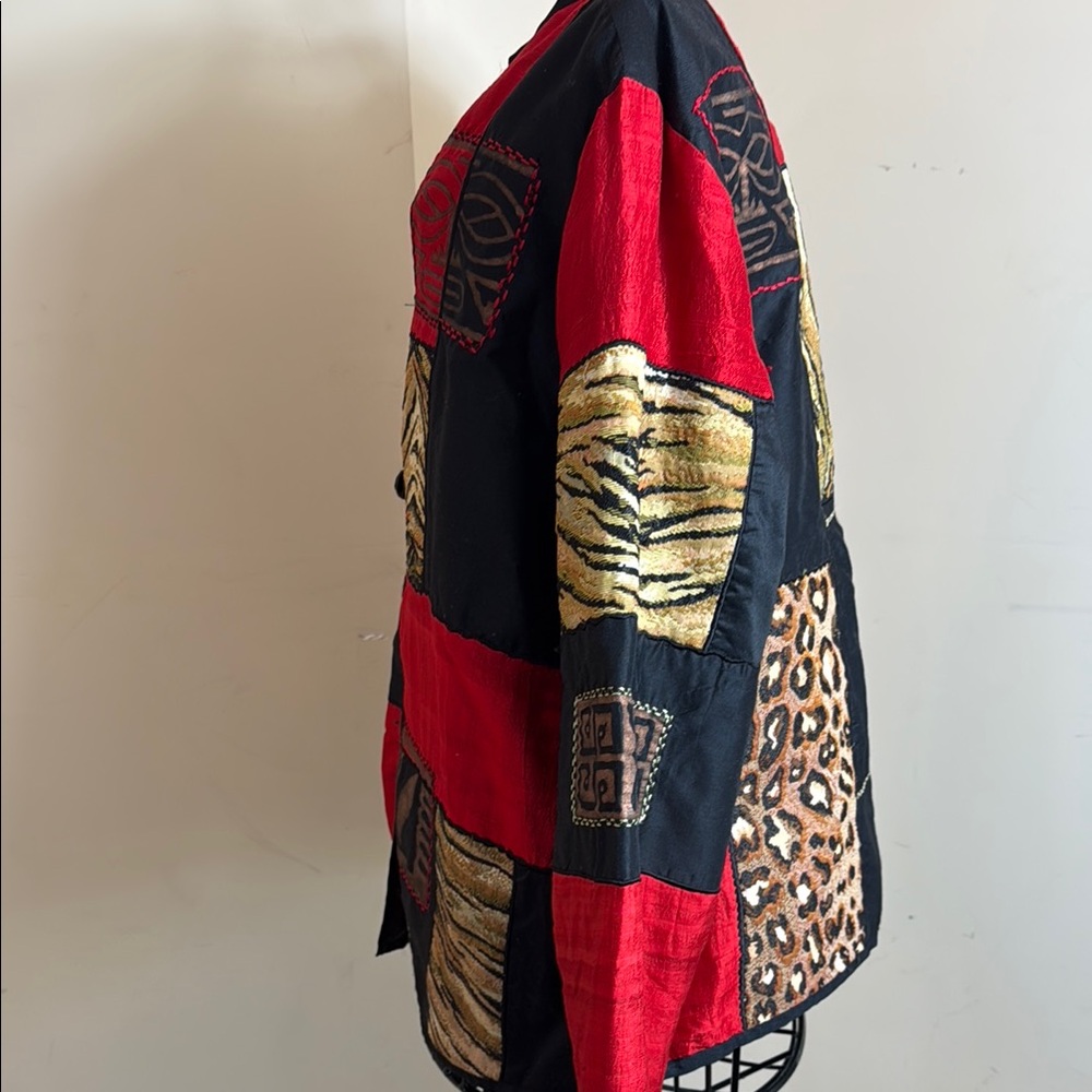 Liz & Me Red, Black, and Shades of Brown Jacket with Patchwork Design - Picture 3 of 7